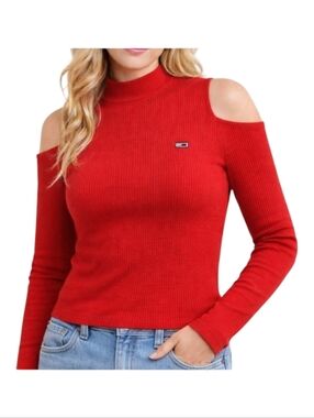 ✨2/$25 Tommy Hilfiger~Tommy Jeans~Cold Shoulder~Red Longsleeve~Ribbed Top~Small